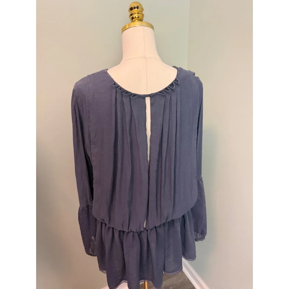 Free People Blue Grey Swiss Dot Lace Trim‎ Peplum Long Sleeve Blouse Top Boho